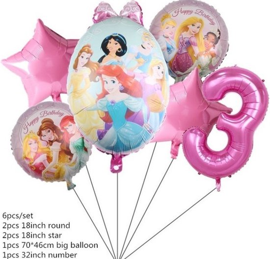 Prinsessen Ballonnen - Verjaardag Ballonnen Prinsessen - Ballonnen Set Cijfer 3 - Ballonnen Set Drie Jaar - Roze Ballonnen - Ariel - Assepoester - Rapunzel - Sneeuwwitje - Belle - Jasmine - Belle - Prinsessen Thema - Folie Ballonnen