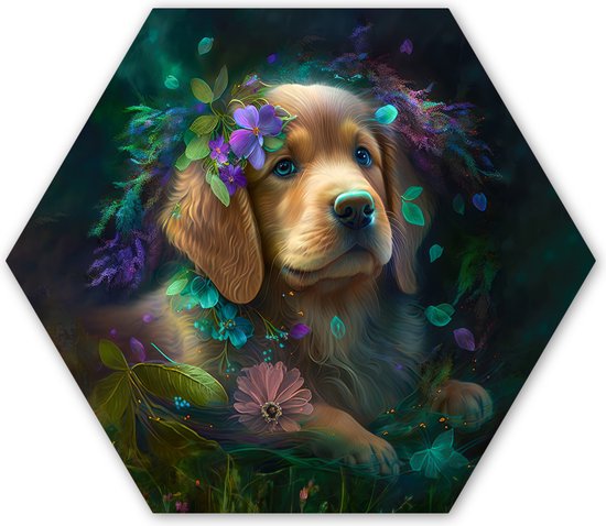 Hexagon wanddecoratie - Kunststof Wanddecoratie - Hexagon Schilderij - Hond - Puppy - Bloemen - Natuur - Golden retriever - 75x65 cm