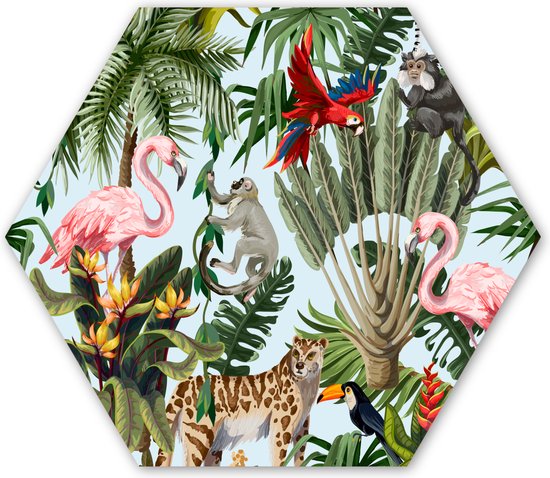 Hexagon wanddecoratie - Kunststof Wanddecoratie - Hexagon Schilderij - Jungle - Dieren - Meisjes - Kinderen - Jongens - Flamingo - Papegaai - 75x65 cm