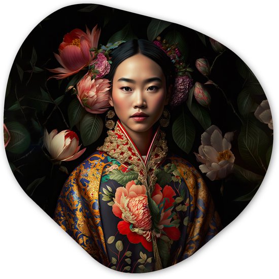 Organische Wanddecoratie - Kunststof Muurdecoratie- Organisch Schilderij - Vrouw - Asian - Kimono - Bloemen - Portret- 90x90 cm - Organische spiegel vorm op kunststof