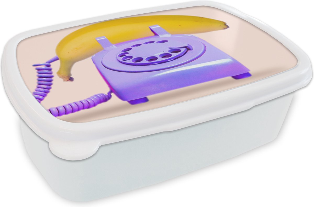 Broodtrommel Wit - Lunchbox - Brooddoos - Banaan - Telefoon - Paars - Geel - 18x12x6 cm - Volwassenen