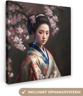Canvas Schilderij Vrouw - Sakura - Kimono - Aziatisch - Portret - 90x90 cm - Wanddecoratie