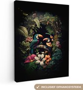 Canvas Schilderij Vogel - Bloemen - Planten - Jungle - Zwart - Toekan - 90x120 cm - Wanddecoratie