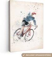 Canvas Schilderij Fietsen - Verf - Sport - Rood - 90x120 cm - Wanddecoratie