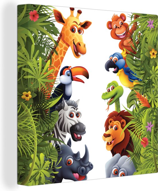 Canvas Schilderij Jungle - Dieren - Jongens - Meisjes - Giraf - Olifant - Kids - 90x90 cm - Wanddecoratie