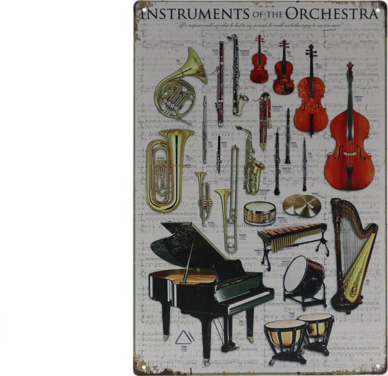 Wandbord – Instruments - Orkest - Trompet - Viool - Retro - Wanddecoratie – Reclame bord – Restaurant – Kroeg - Bar – Cafe - Horeca – Metal Sign – 20x30cm