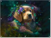 Tuinposter - Tuindoek - Tuinposters buiten - Hond - Puppy - Bloemen - Natuur - Golden retriever - 120x90 cm - Tuin