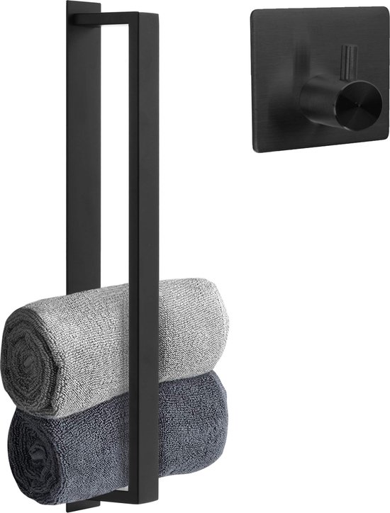 Smartpeas® Handdoekstang voor Gasten - Zelfklevend - Zwart + Bonus Haak