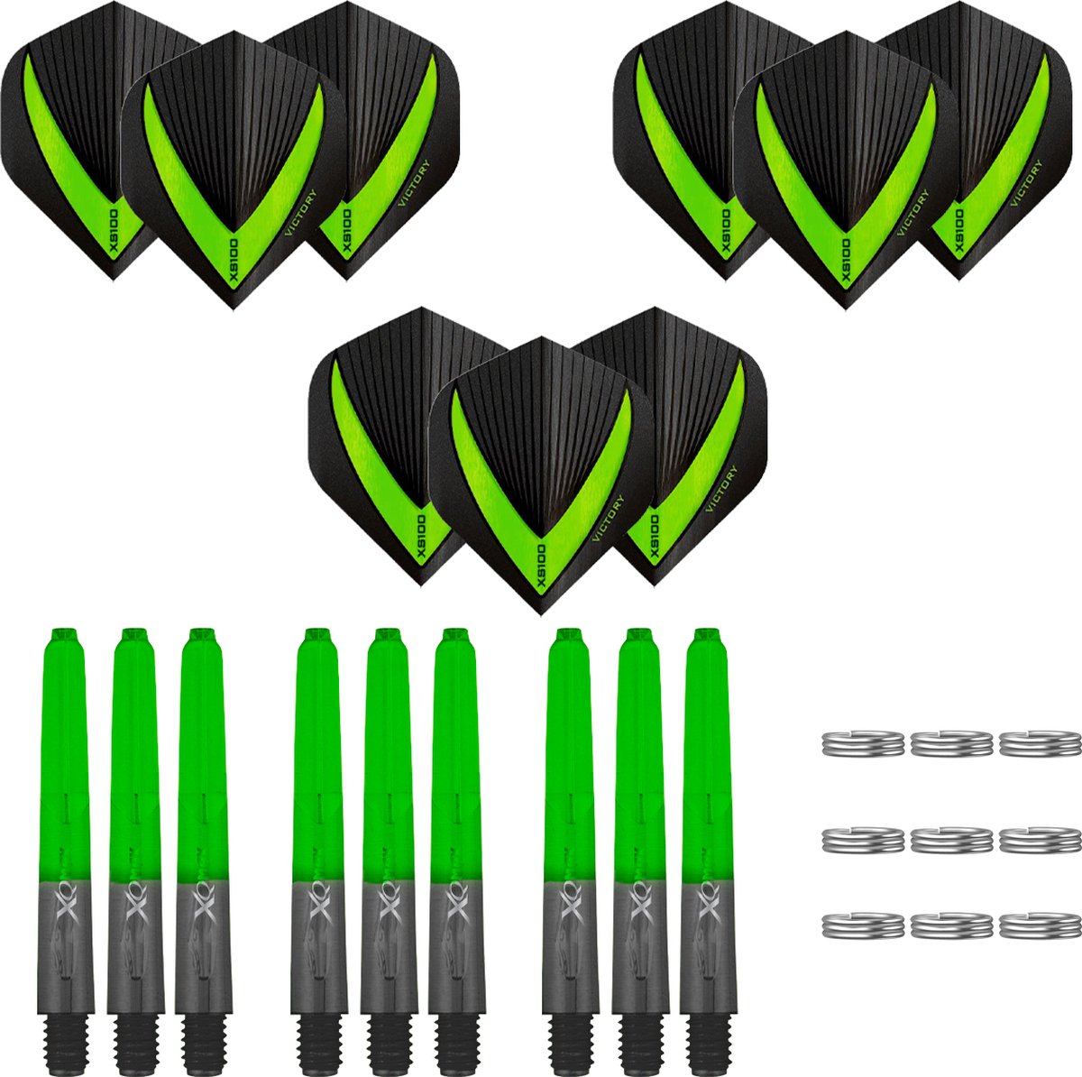 Darts Set - 18-delig - Maxgrip - 3 sets - dart shafts - zwart-groen - short - 3 sets - Vista-X - dart flights