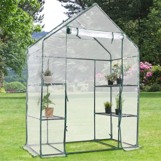 Serre De Jardin Outsunny 143x73x195 Cm – Avec 2 étagères Et Porte Enroulable, Pour Plantes Et Légumes