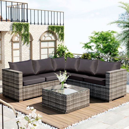 Polyrattan lounge set bank, 5-zits tuinmeubelset met grijze anti-UV kussens,...  | bol.com
