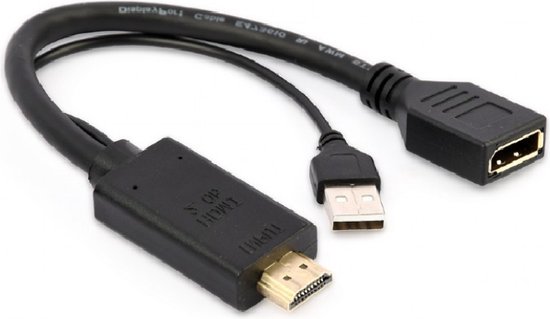 Zwarte HDMI naar DisplayPort adapterkabel met HDMI-ingang, USB-voeding en DisplayPort-uitgang.
