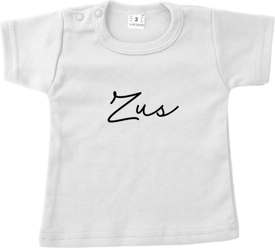 Baby t-shirt korte mouw - Zus - Wit met zwart - Maat 80 - Zwanger - Geboorte - Big Sister - Grote Zus - Aankondiging - Zwangerschapsaankondiging - Peuter - Dreumes