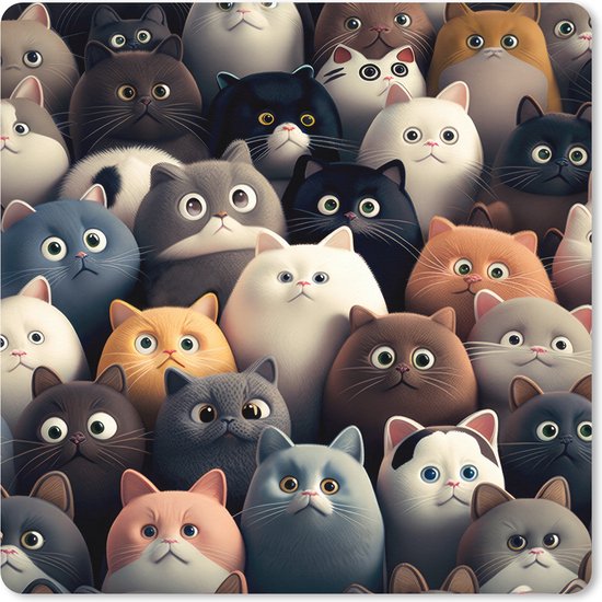 Tapis de souris XXL avec un motif de nombreuses têtes de chat de dessin animé mignonnes de différentes couleurs et tailles.