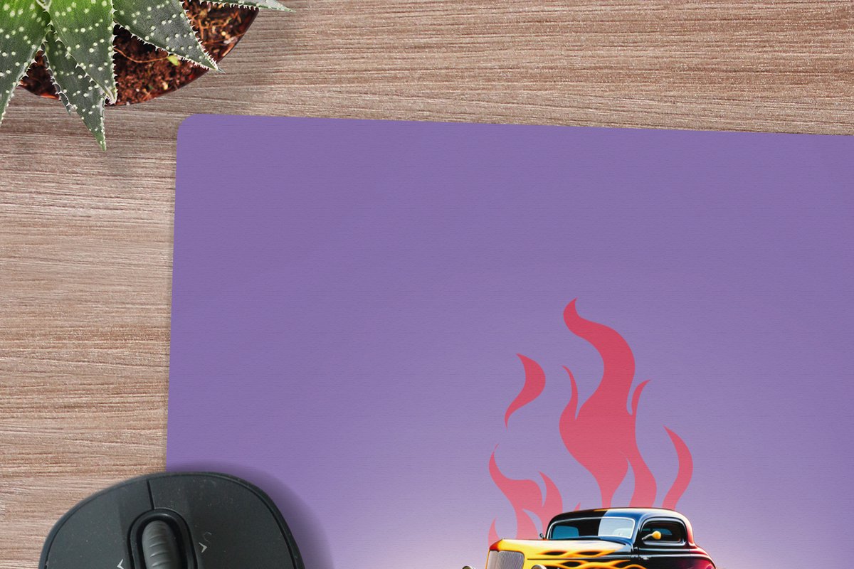 Muismat XXL 50x50 cm - Bureau onderlegger - Bureau mat Auto - Paars - Vlammen - Vintage - Bureaumat - Gaming mousepad xl - Bureaulegger groot - Computer deskmat