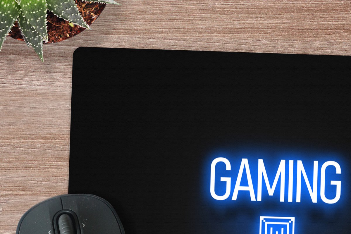 Muismat XXL 80x80 cm - Bureau onderlegger - Bureau mat Gaming - Tekst - Gaming zone - Neon - Blauw - Bureaumat - Gaming mousepad xl - Bureaulegger groot - Computer deskmat - Geschikt voor Gaming Muis en Gaming PC set-up