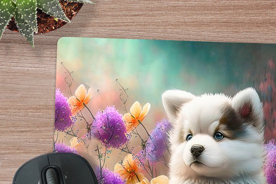 Tapis de souris XXL - Sous-main - Tapis de bureau - Puppy - Fleurs - Plantes - Nature - Husky - 80x80 cm - Tapis de souris XXL