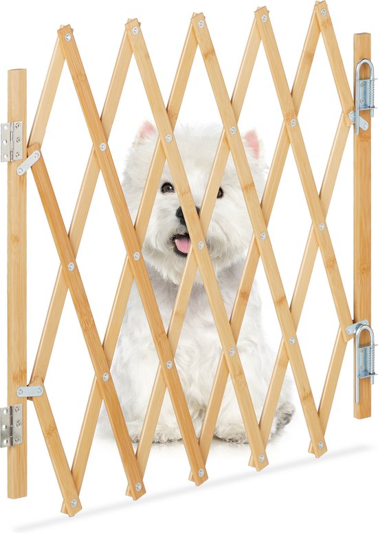 Relaxdays uitschuifbaar hondenhekje - bamboe - 17 - 96 cm - honden traphekje binnen - deur