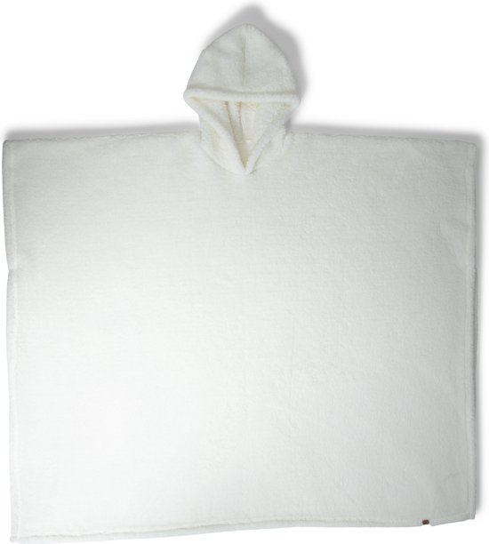 Een witte, platte teddy hoodie deken met capuchon, uitgevouwen.