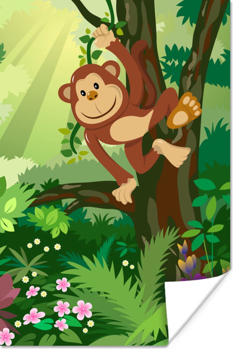 Poster Aap - Jungle - Jongens - Meisjes - Bloemen - Kids - 20x30 cm - Poster Babykamer
