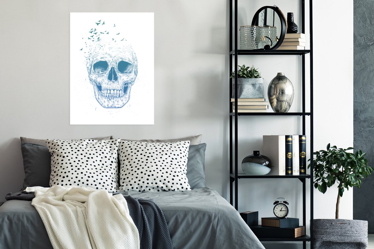 Poster Schedel - Vogel - Blauw - Wit - 60x80 cm