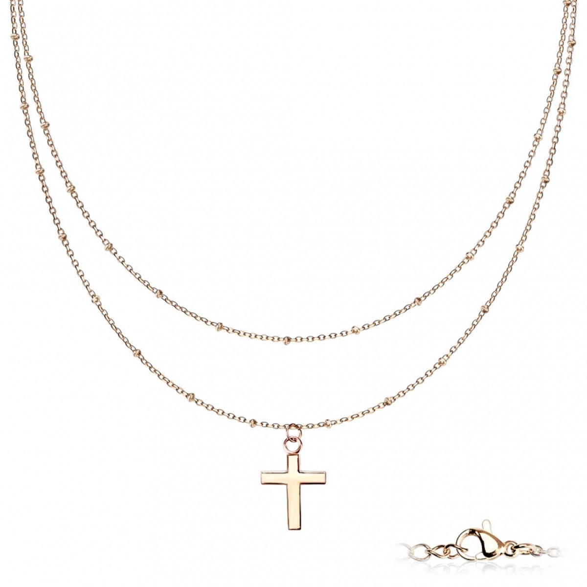 Ketting cross met Petite Beads dubbel laags rose goud kleur