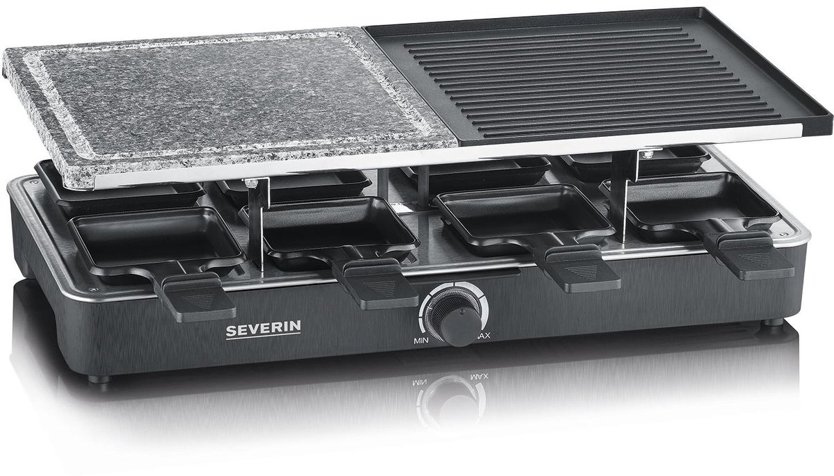 Severin Gourmetstel 2376 - 8 Pannen - Zwart - 1300W - Raclette met natuurgrillsteen en grillplaat