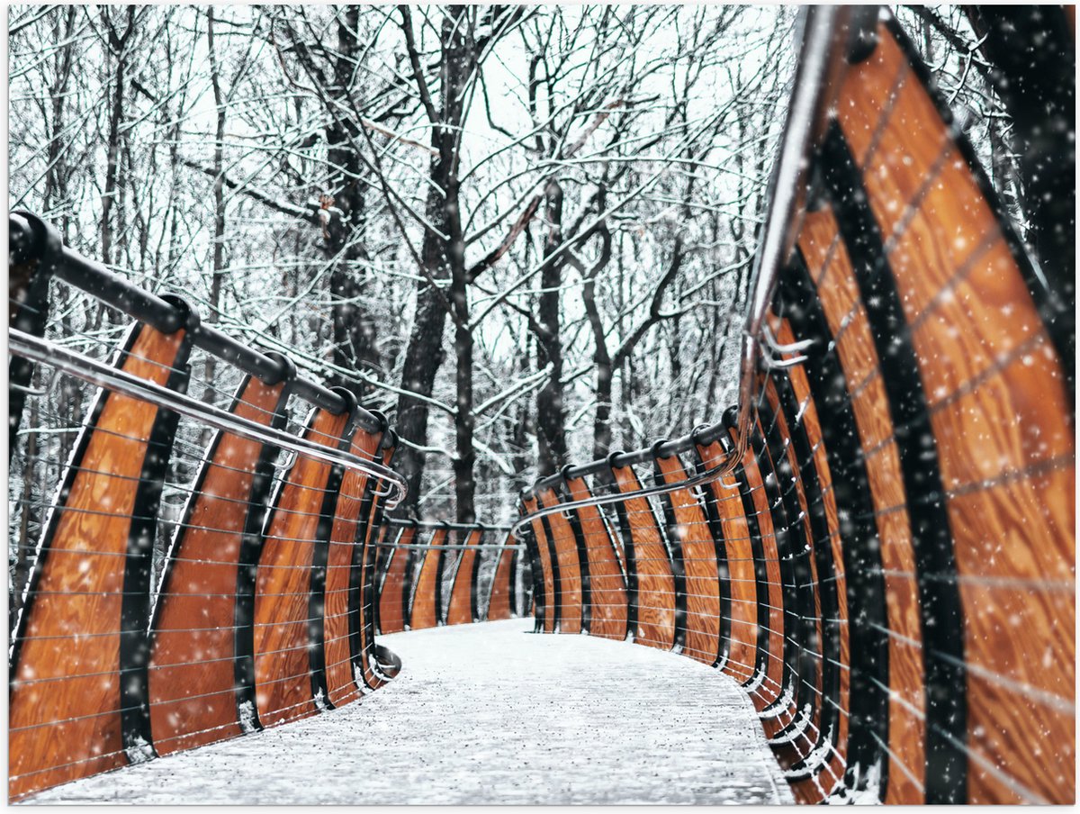 Poster Glanzend – Hekwerk in Ondergesneeuwd Bos - 80x60 cm Foto op Posterpapier met Glanze