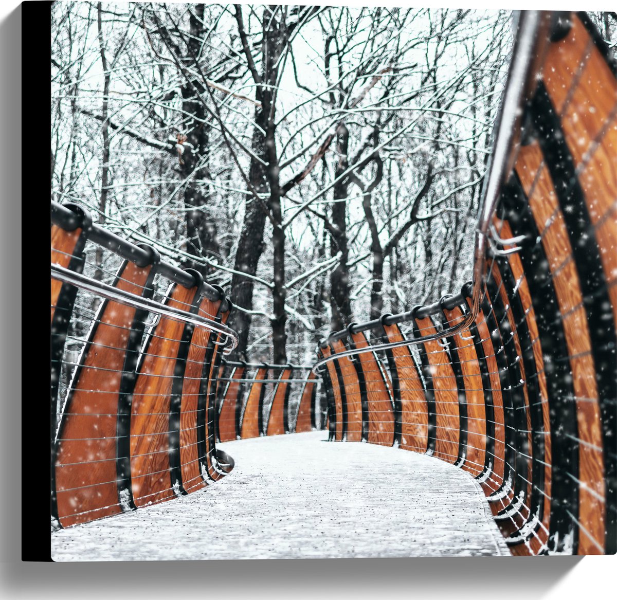 Canvas - Hekwerk in Ondergesneeuwd Bos - 40x40 cm Foto op Canvas Schilderij (Wanddecoratie