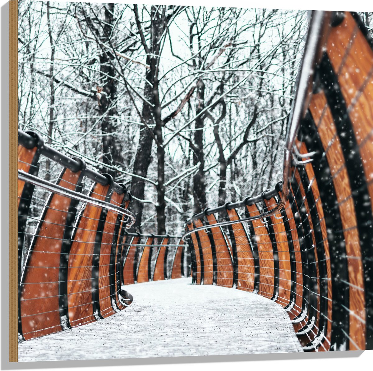 Hout - Hekwerk in Ondergesneeuwd Bos - 80x80 cm - 9 mm dik - Foto op Hout (Met Ophangsyste