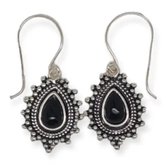 Zilveren oorhangers oud-zilverkleurige druppelvormig hangertje in tibetaanse stijl met zwart steentje 925 zilver