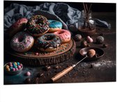 Dibond - Foto van een Plateau vol Verse Donuts - 100x75 cm Foto op Aluminium (Met Ophangsysteem)