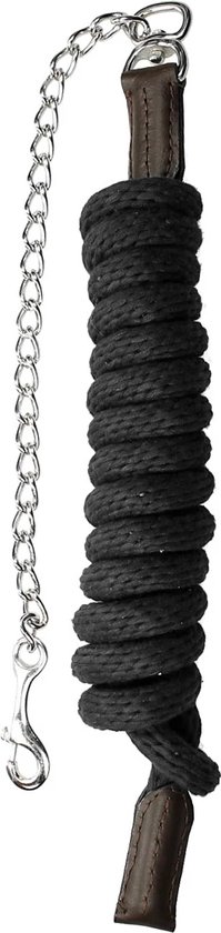 Zwart halstertouw met metalen ketting en karabijnhaak, afgewerkt met bruin leer.