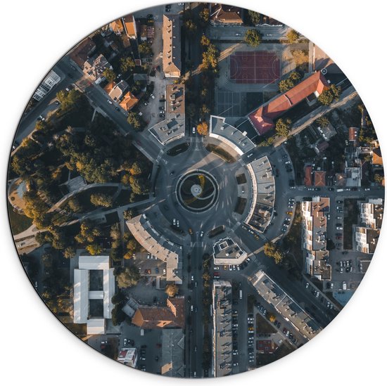 Dibond Muurcirkel - Bovenaanzicht van Stad met Grote Rotonde - 70x70 cm Foto op Aluminium Muurcirkel (met ophangsysteem)