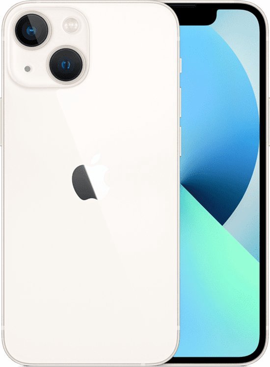 Witte iPhone 13 met dubbele camera en Apple logo op de achterkant.