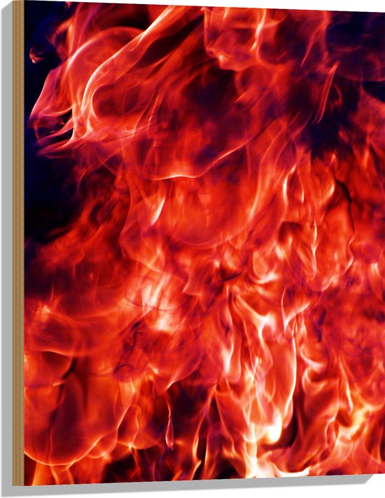 Hout - Brandend Vuur met Zwarte Achtergrond - 60x80 cm - 9 mm dik - Foto op Hout (Met Ophangsysteem)
