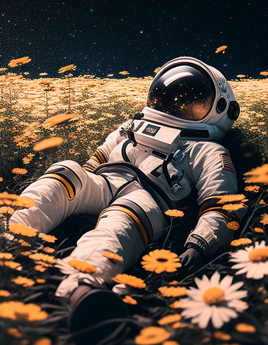 AI - Woondecoratie - Poster - Astronaut - bloemen - 06 - 70 x 100 cm