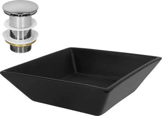 Zwarte vierkante wastafel met zilverkleurige waste.
