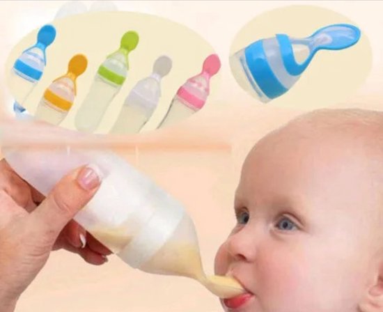 Babyflesje - 90 ml Baby Voedingslepel - Knijpfles - BPA vrij - Siliconen Zuigfles/lepel voor zuigeling - Blauw