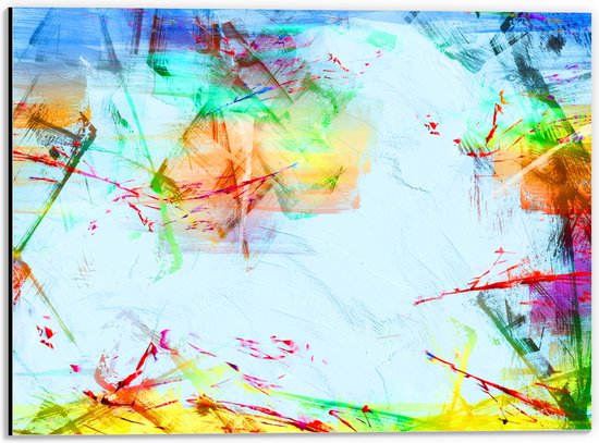 Dibond - Verfstrepen en Stippen in Blauw, Oranje, Rood en Geel op Wit Doek - 40x30 cm Foto op Aluminium (Wanddecoratie van metaal)