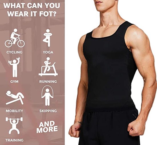 Man in een zwart, aansluitend sportvest. Links worden activiteiten getoond zoals fietsen, yoga, sportschool, hardlopen, springtouw en training.