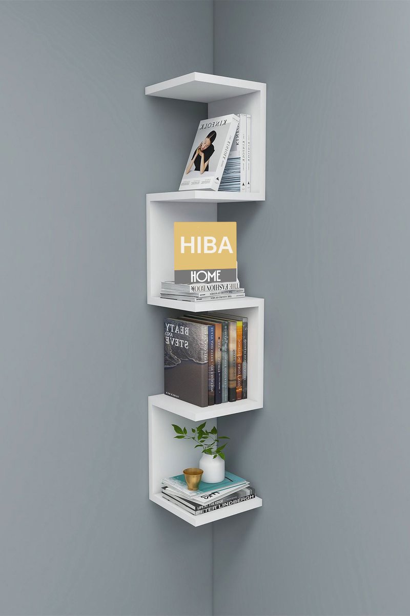 HIBA Home - Wandrek - ZigZag - Design Boekenkast - Hoekkast Zigzag Boekenkast - Hoek Boekenkast - Wandplank - Decoratieve Plank - 5 Planken - 5 Secties - Wit
