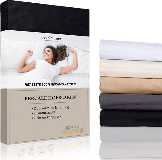 Bed Couture - Percale Hoeslaken van 100% hoogwaardig Katoen - Tweepersoons 140x200cm - Hoekhoogte 30cm - Ultra zacht en soepel - Zwart
