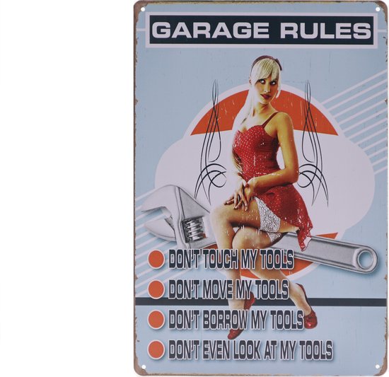 Wandbord – Garage rules - Pin Up - Retro - Wanddecoratie – Reclame bord – Restaurant – Kroeg - Bar – Cafe - Horeca – Metal Sign – 20x30cm