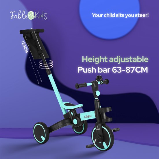 Tricycle évolutif FableKids 7 En 1 – Enfant 1.5 à 4 Ans, Rose, Guidon Pliable, Barre Poussée