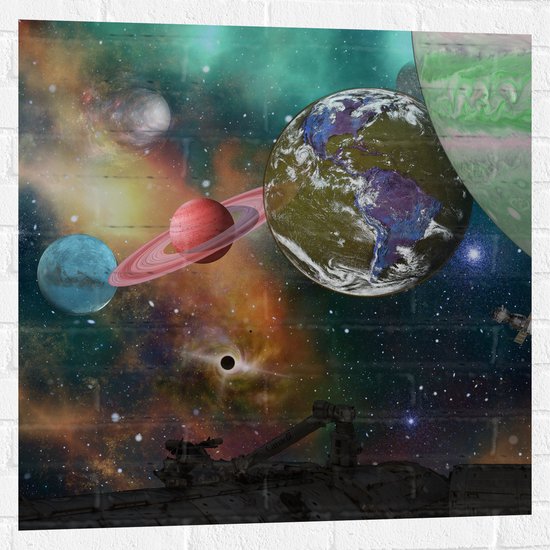 Muursticker - Alle Planeten van het Universum vanaf Ruimteschip - 80x80 cm Foto op Muursticker
