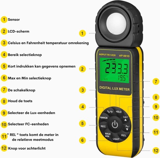 Draagbare digitale luxmeter met een bereik van 200.000 lux, compact en Draagbare digitale luxmeter met een bereik van 200.000 lux, compact en