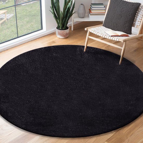 Vloerkleed laagpoolig rond zwart 200x200 cm - Wasbaar - Modern en zacht - Antislip onderkant - woonkamer of slaapkamer tapijt - Rug for bedroom or living room | RELAX by The Carpet
