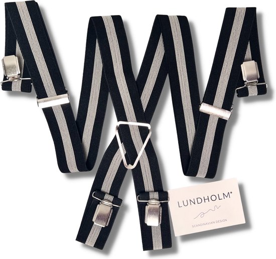 Lundholm Bretels heren volwassenen 4 clips zwart beige patroon - extra stevig hoge kwaliteit - Scandinavisch design - mannen cadeautjes tip | Lundholm Bastad serie