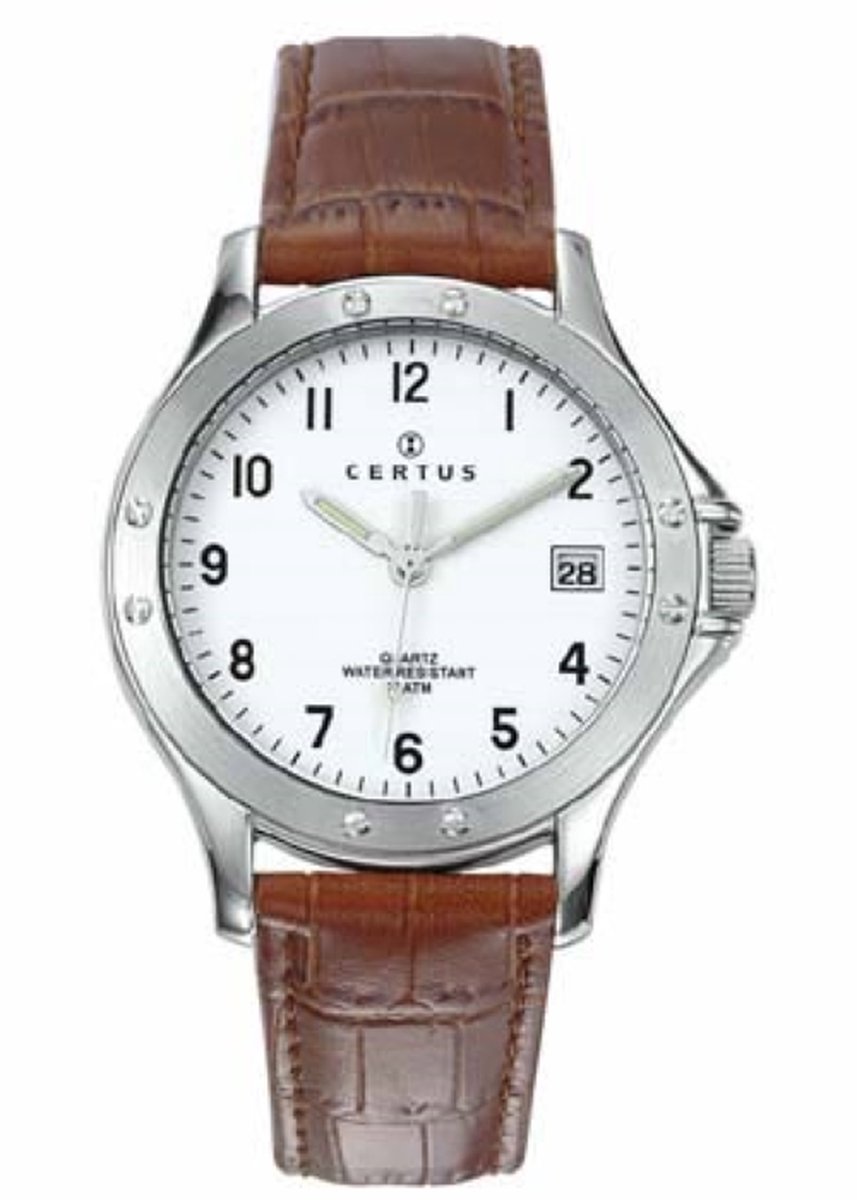 Certus-Heren-Horloge-Duidelijke wijzerplaat-Datum-Cognac lederen band-Zilverkleurig-31MM